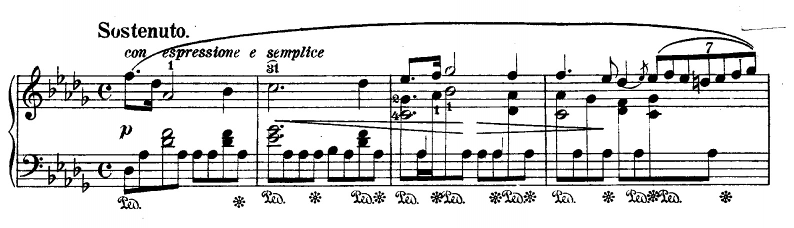 Sheet music for bars 1–4 of Chopin's Prelude in D-flat Major, the "Raindrop Prelude"
