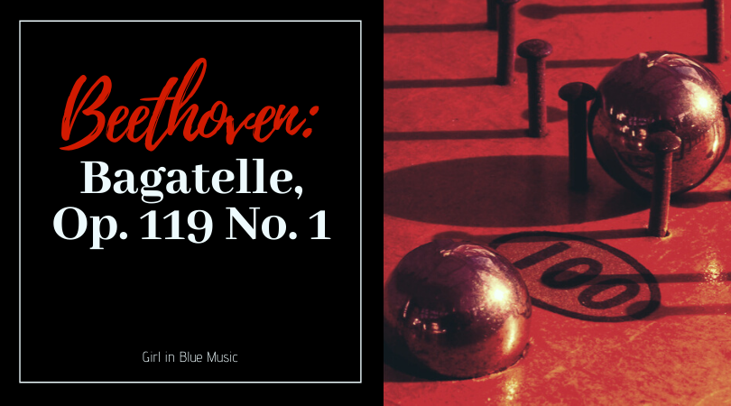 Title card Beethoven Bagatelle Op. 119 No. 1. On the right, an image of two metal balls being held in place by nails and a hole in a board marked 100