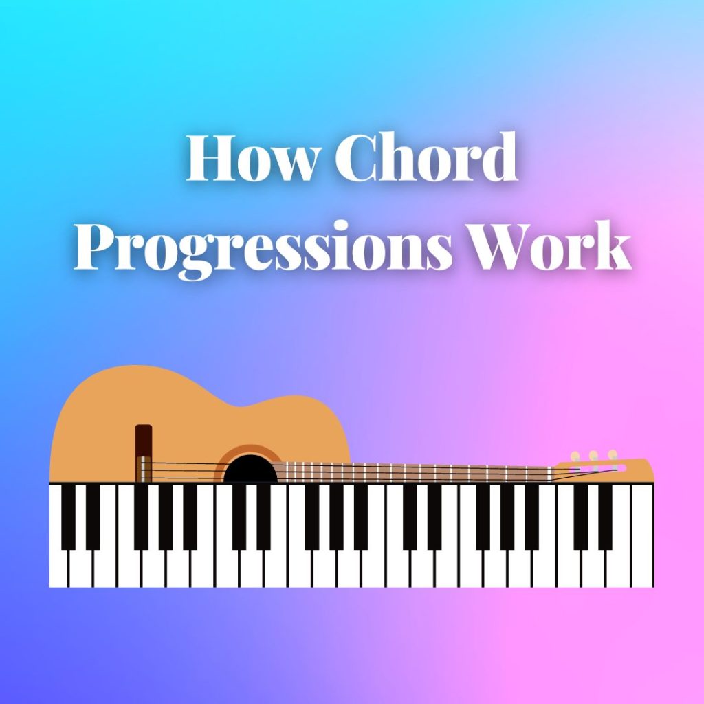 Image of acoustic guitar and piano keyboard on blue, purple, and pink gradient background with the text how chord progressions work